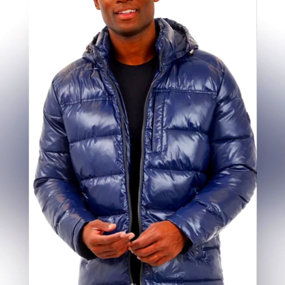 Navy Blue Quilted Puffer Jacket with Hood